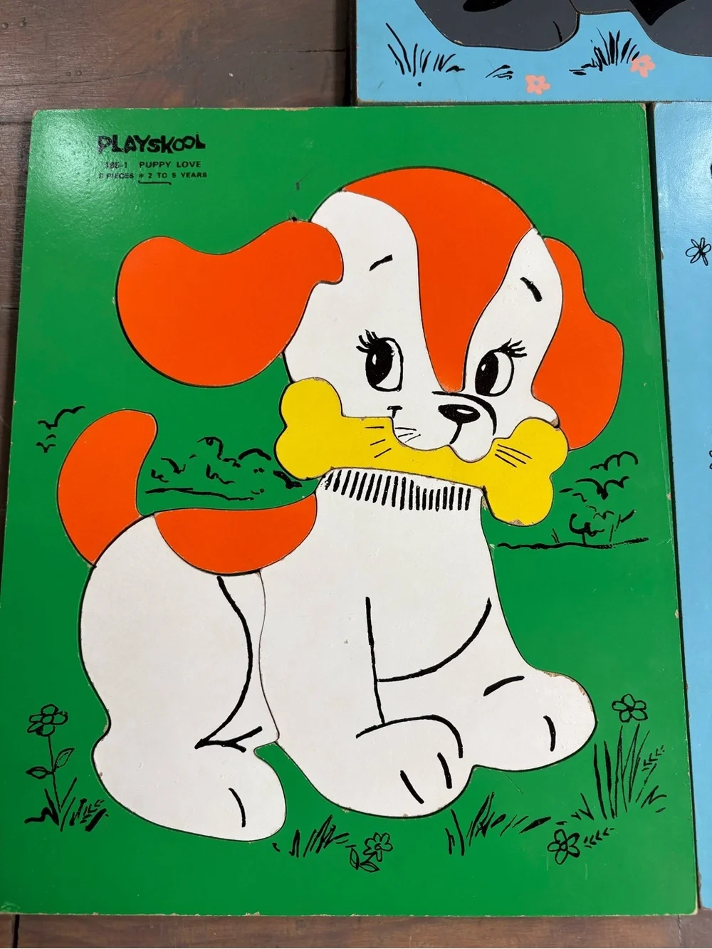 Vintage wooden playschool Puzzle Panels - Black Cat, Orange Dog, Humpty Dumpty